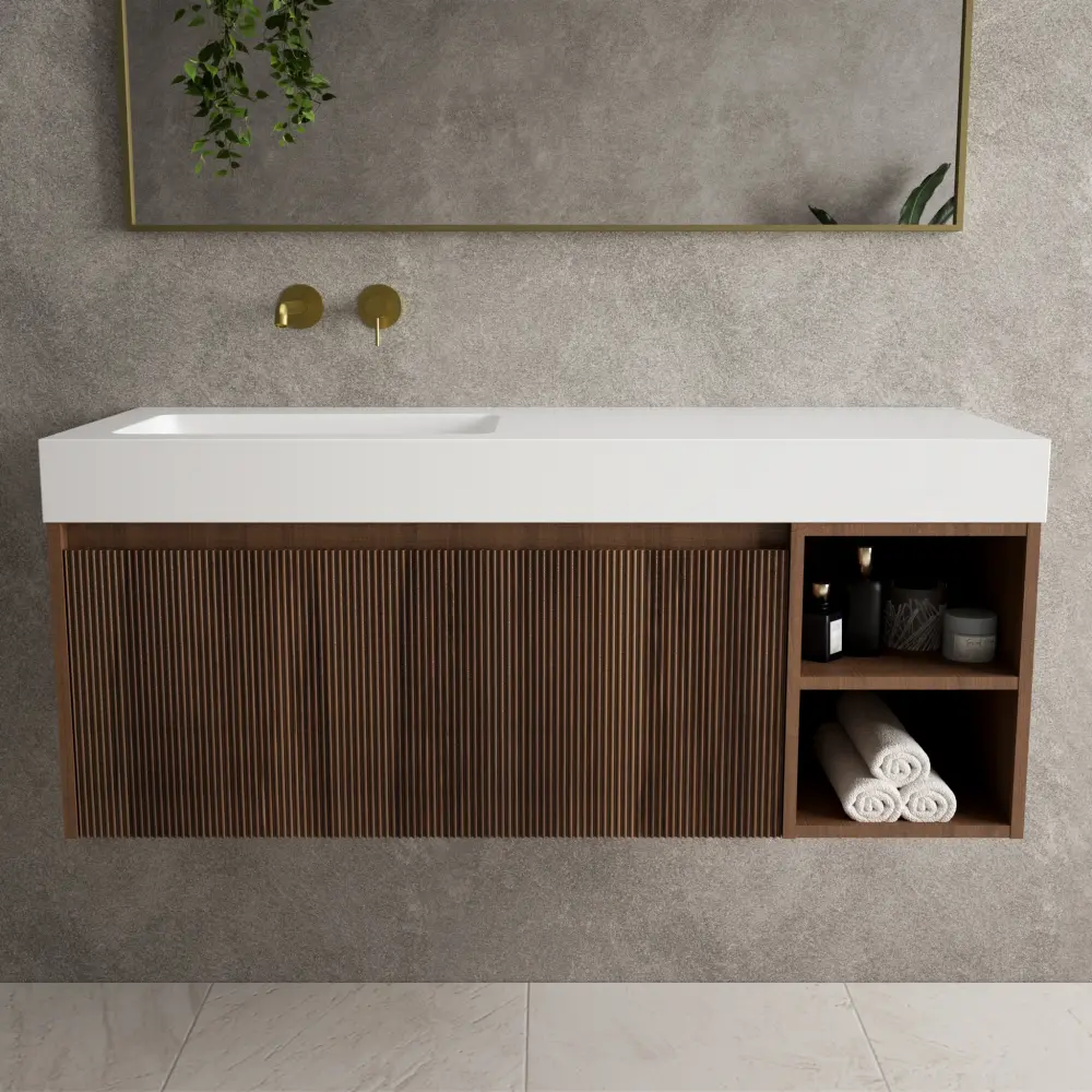 Scanalato Singular Drawer Vanity Unit Open Storage Space And Beyondstone BLOC Basin - Walnut 1200mm
