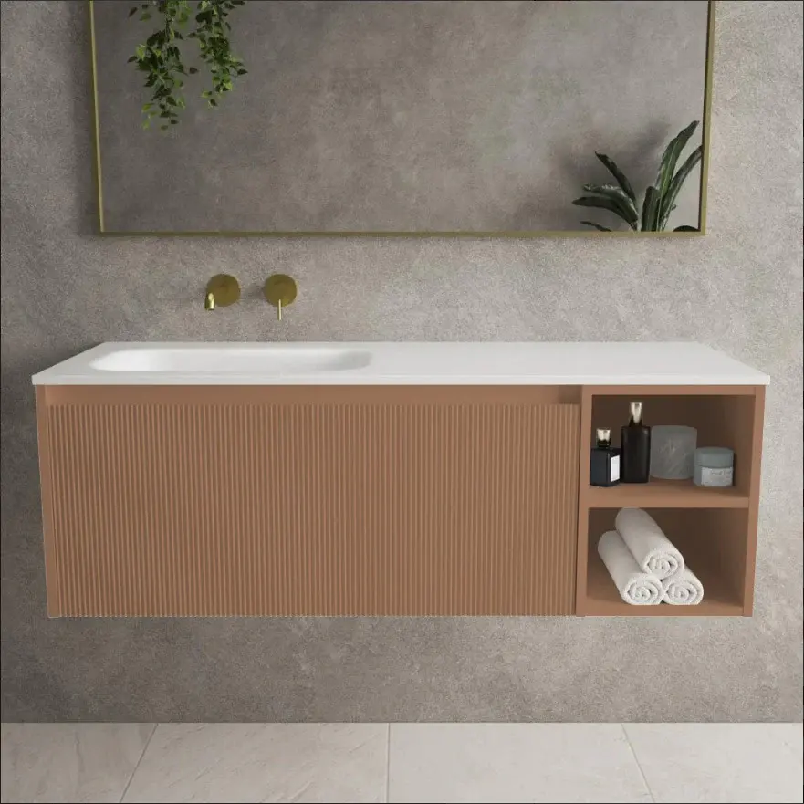 Scanalato Sole Drawer Vanity Unit Open Storage Space And Left Hand Beyondstone Basin - Mocha Mousse 1200mm