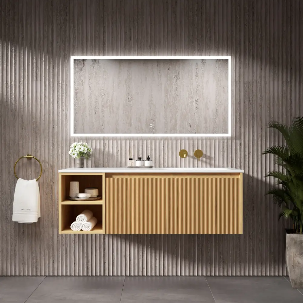 Scanalato Sole Drawer Vanity Unit Open Storage Space And Right Hand Beyondstone Basin - Oak 1200mm