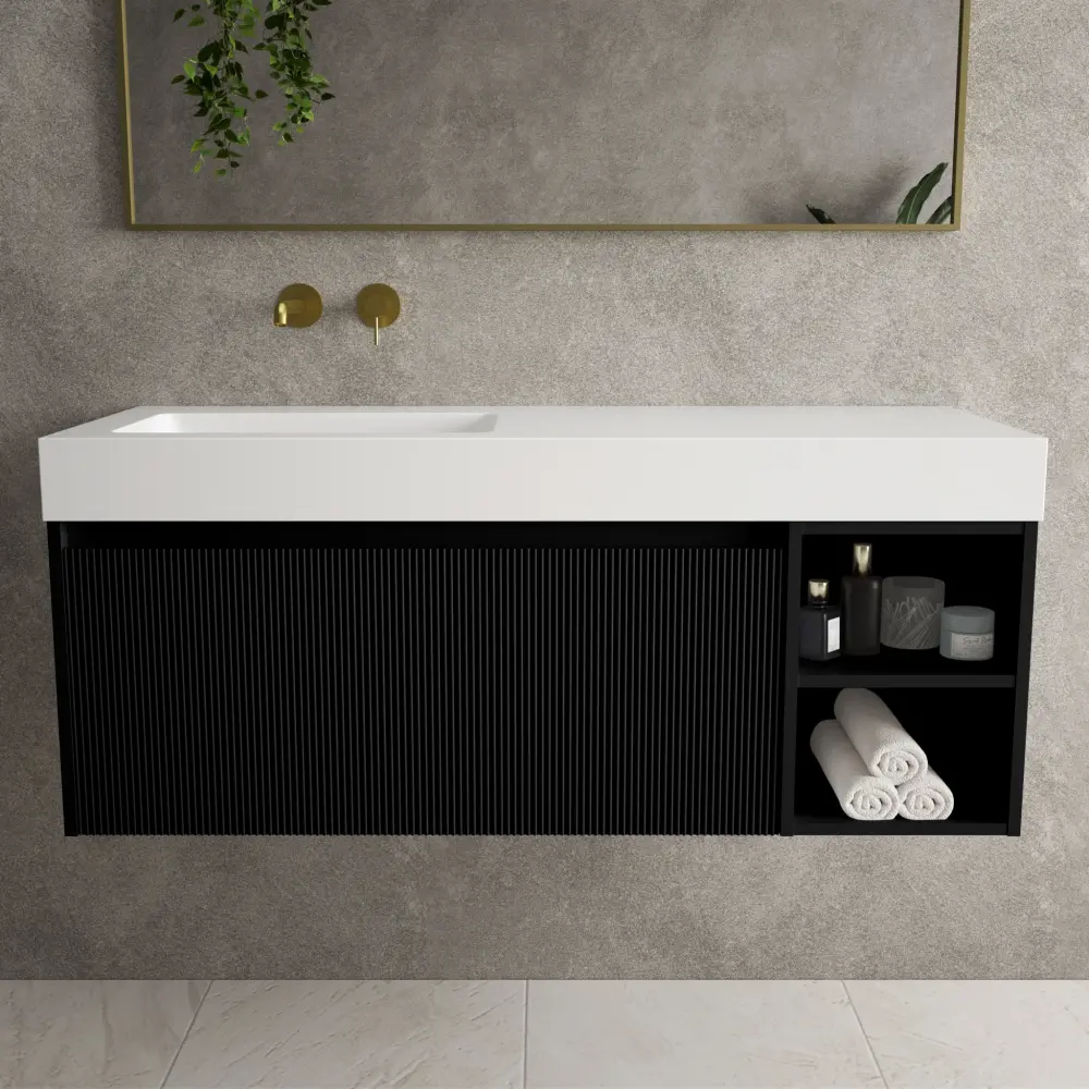 Scanalato Sole Drawer Vanity Unit Open Storage Space And Beyondstone BLOC Basin - Pure Black 1200mm