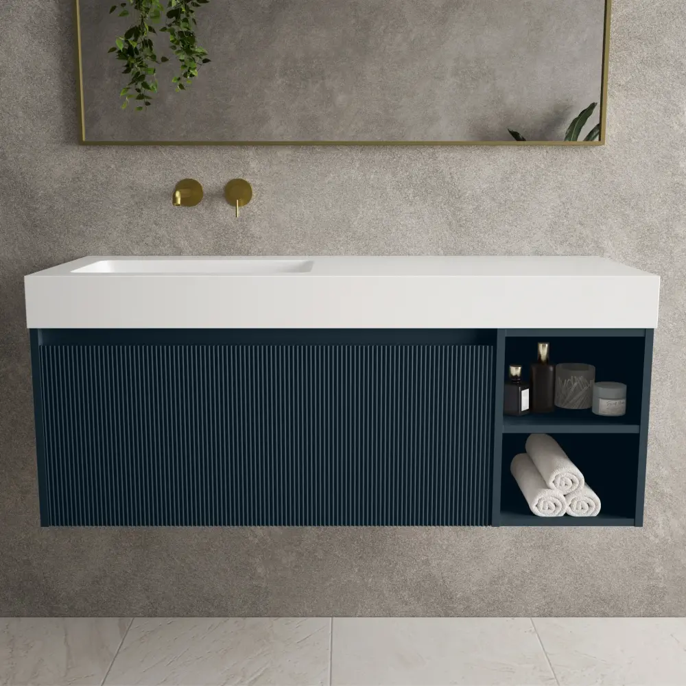 Scanalato Sole Drawer Vanity Unit Open Storage Space And Beyondstone BLOC Basin - Midnight Blue 1200mm