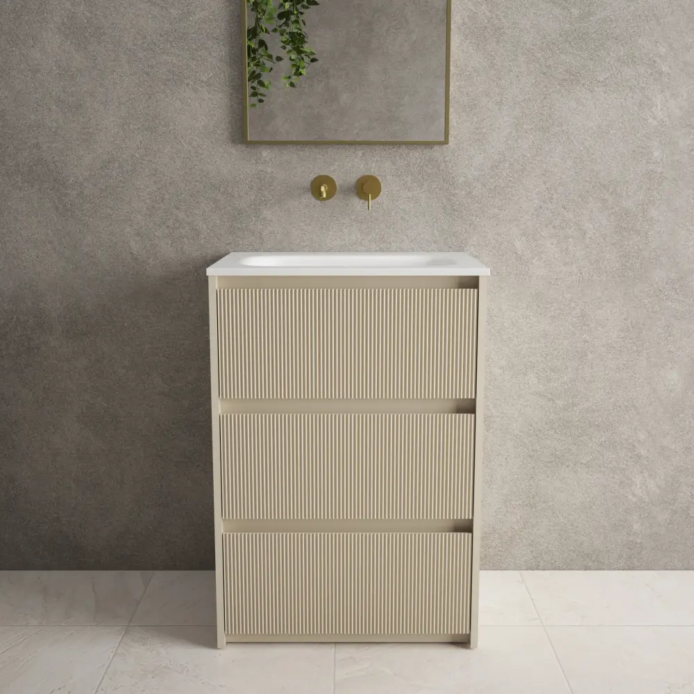 Scanalato Three Drawer Floor Standing Vanity Unit Beyondstone Basin - Goat hair wool 600mm