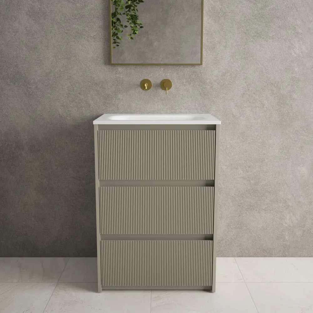 Scanalato Three Drawer Floor Standing Vanity Unit Beyondstone Basin - Yielding Taupe 600mm