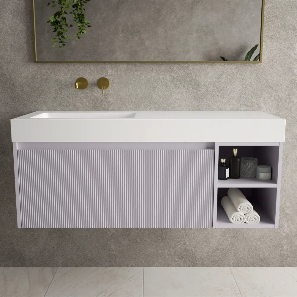 Scanalato Unitary Drawer Vanity Unit Open Storage Space And Beyondstone BLOC Basin - Soft Violet 1200mm