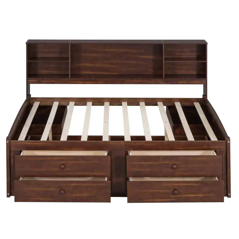 Full Size Captain Bed Built Storage Shelves, 4 Drawers And 2 Cabinets - Antique Taupe