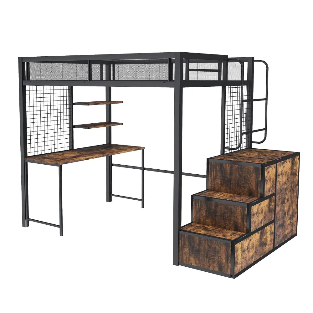 Heavy Duty Full Loft Bed Desk & USB Charging Metal Frame Storage Drawers And Staircase - Black
