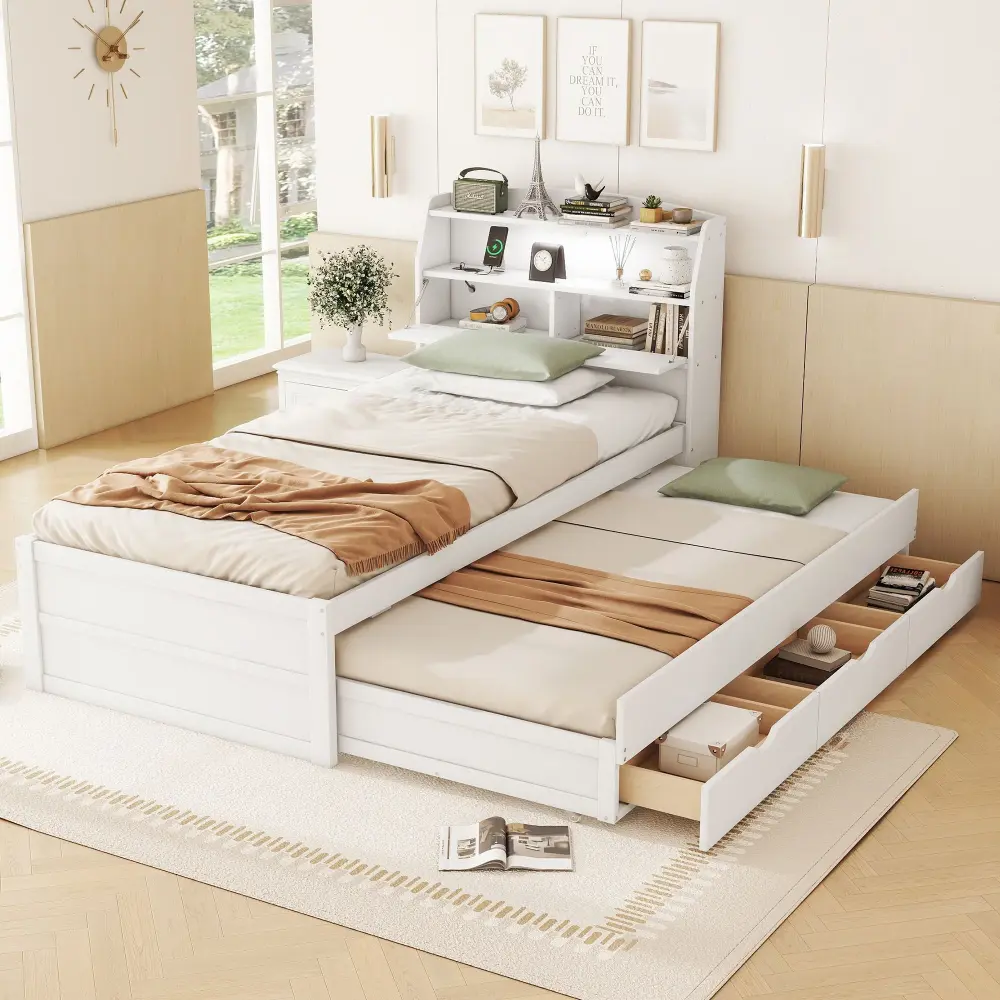 LED Platform Bed Trundle Storage Headboard Drawers