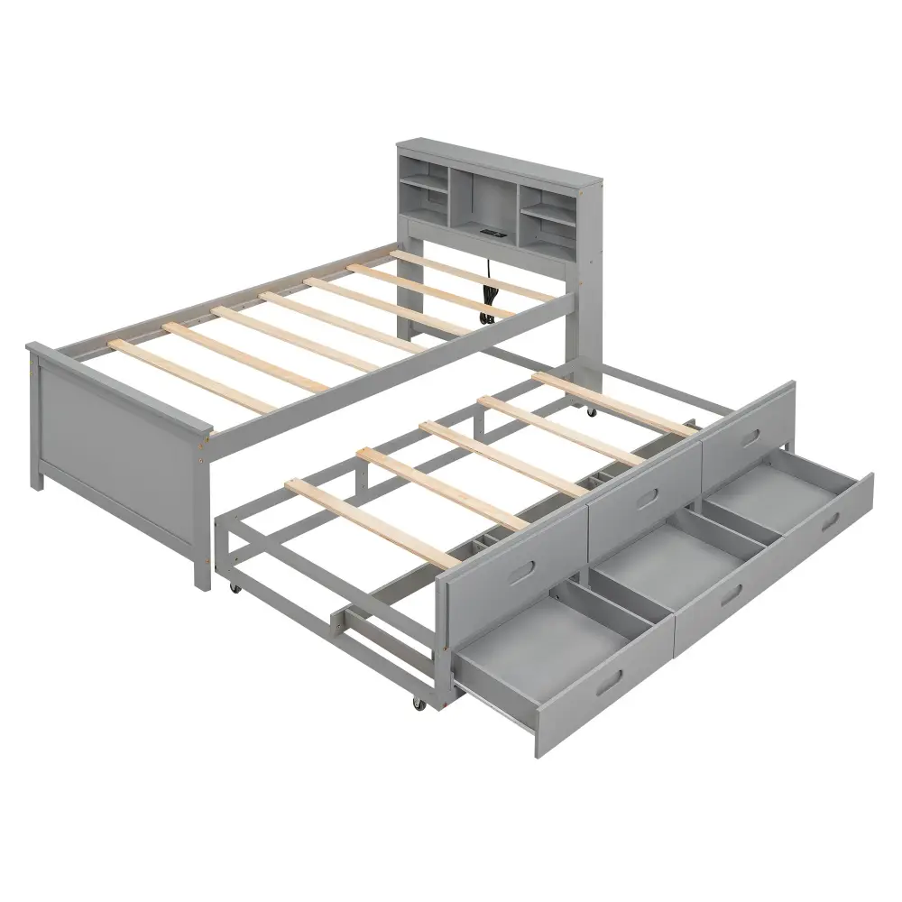 Platform Bed Storage Headboard, USB, Trundle And 3 Drawers | Quick Assembly | Tool Included