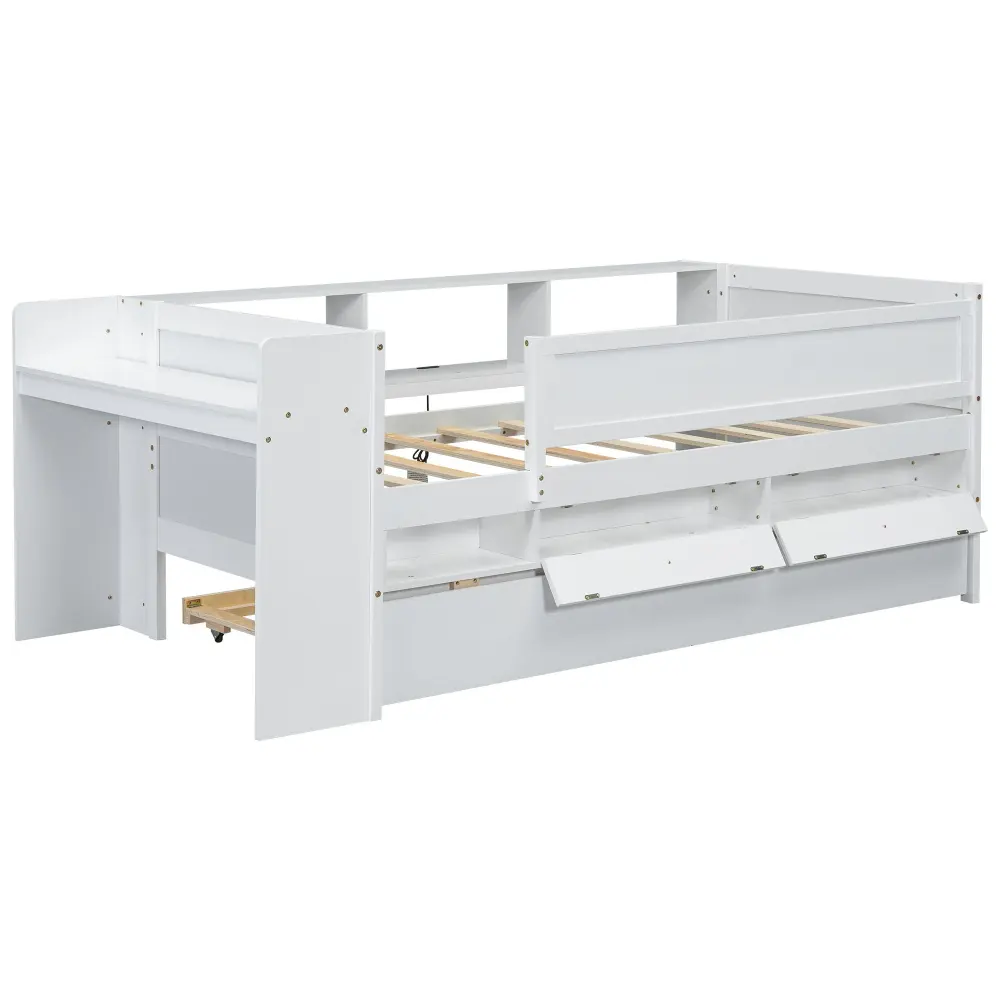 Twin Daybed Drawers, Trundle, Headboard Storage, Study Desk, And USB Charging Station - Pearl