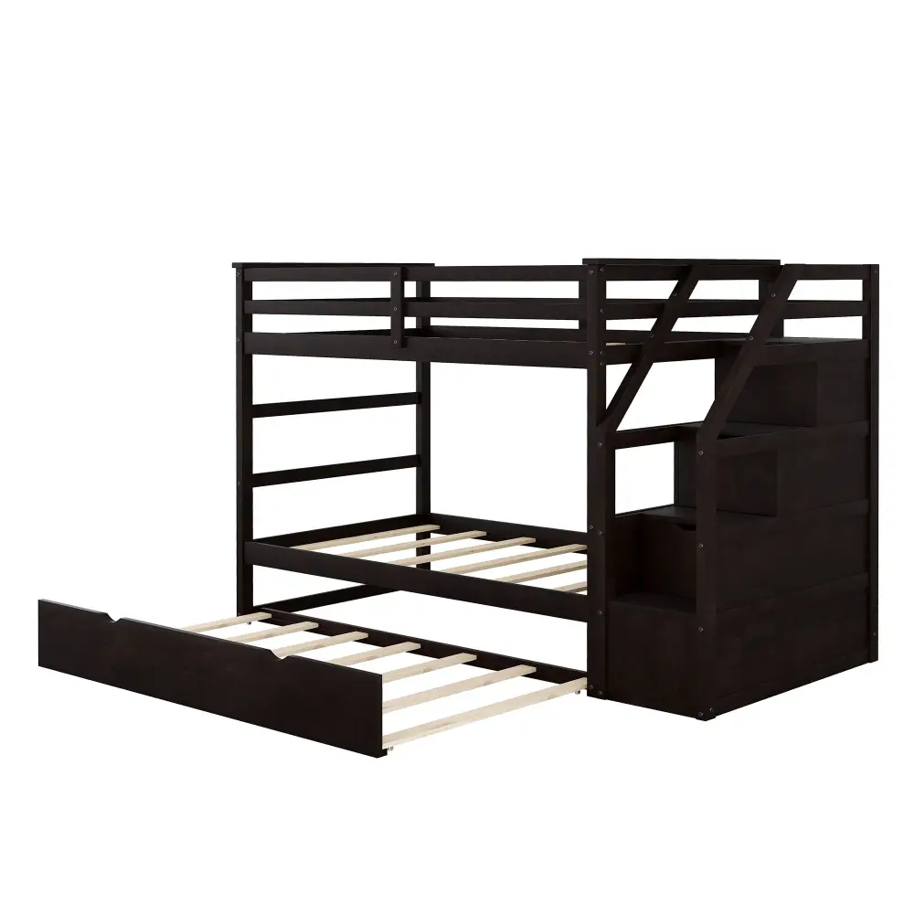 Twin Over Twin Bunk Bed Twin Size Trundle And 3 Storage Stairs - Espresso
