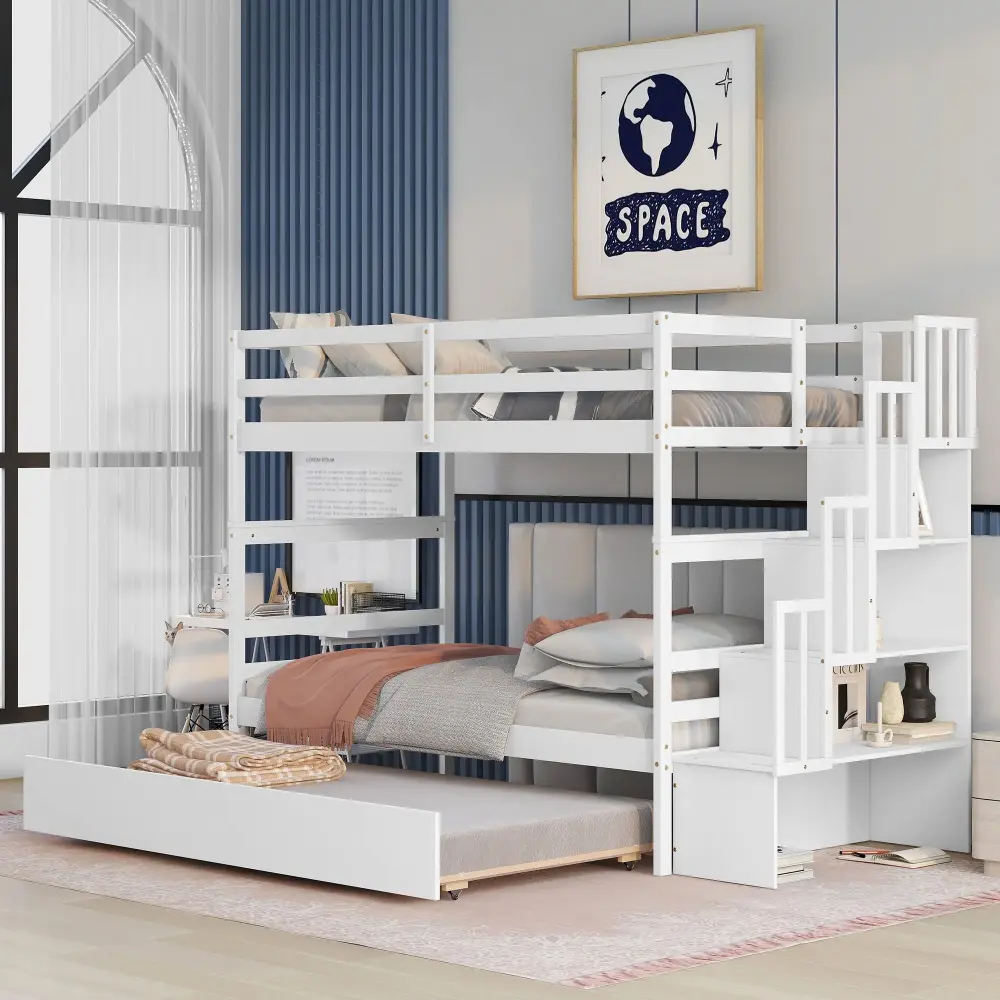 Twin Over Twin Bunk Beds Twin Trundle And Stairway Storage Function Modern Farmhouse