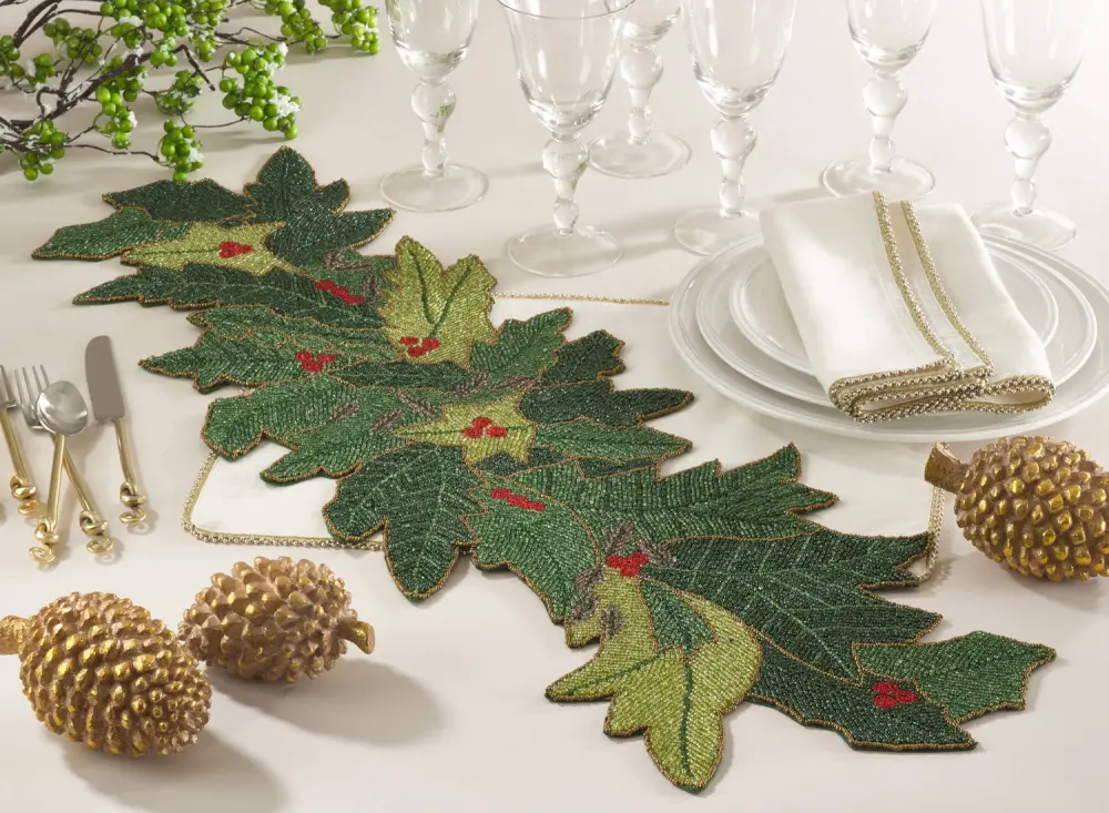 Green Beaded Holly Design 12x36 Table Runner