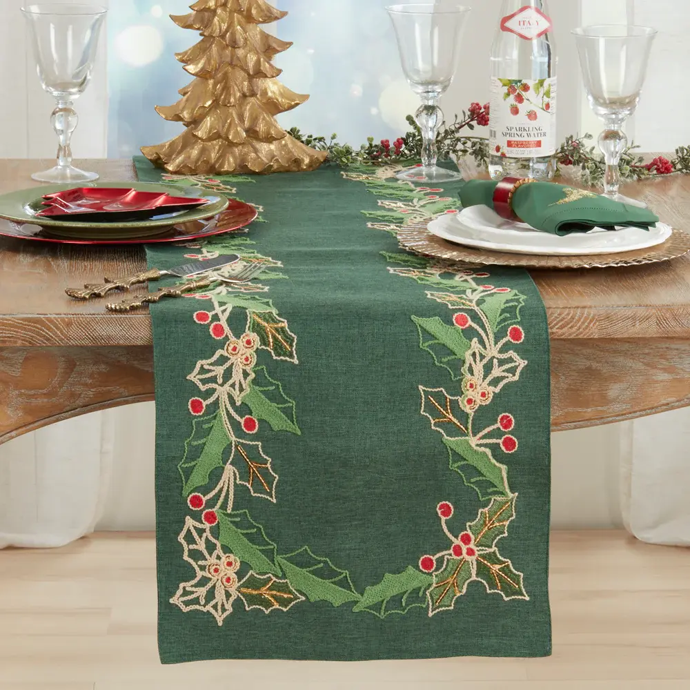 Green Embroidered Holly Table Runner - 16"X72"