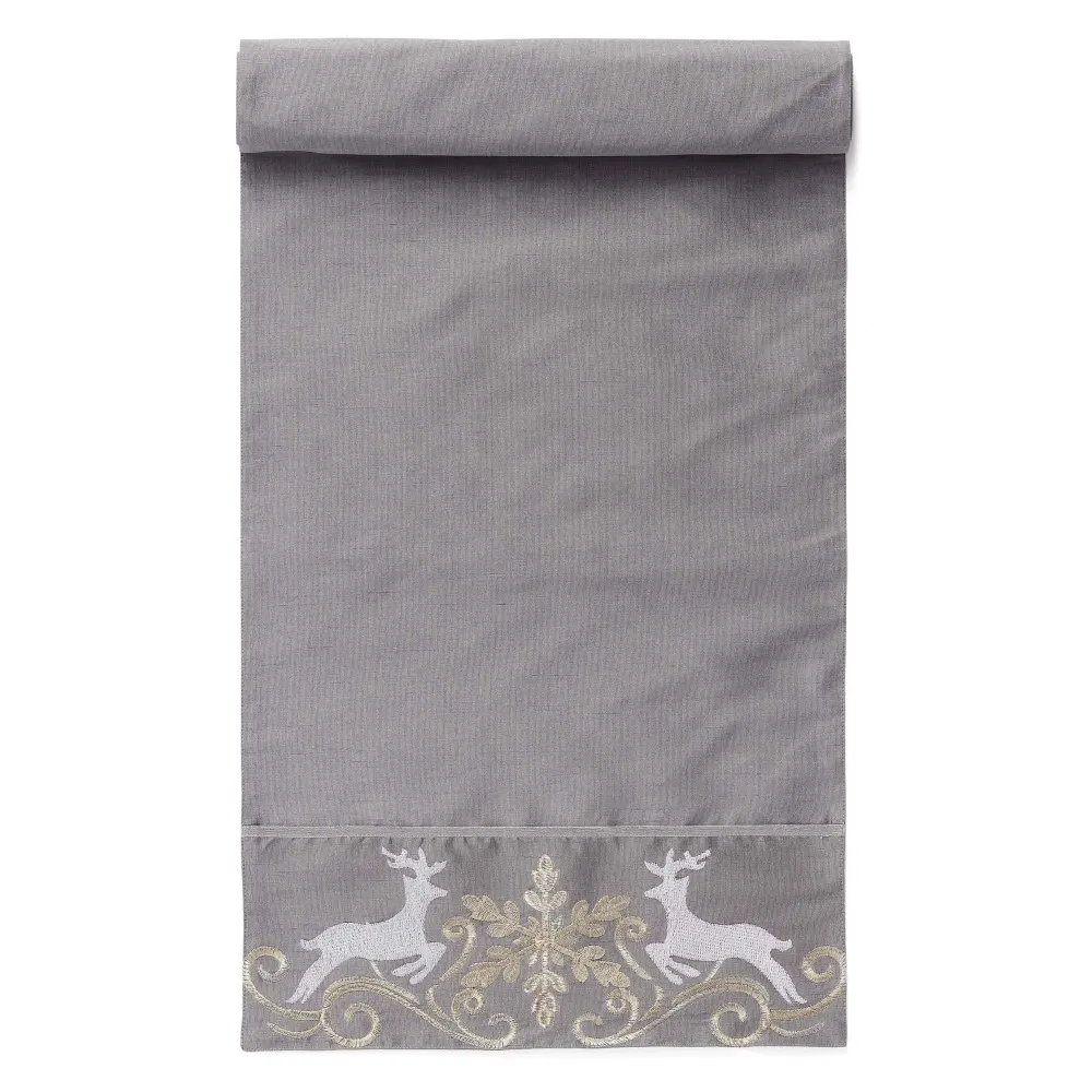 Linen Blend Christmas Table Runner Deer and Flake, Grey