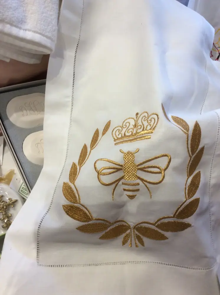 MONOGRAM BEE FLAX HEMSTITCH WHITE RUNNER 54" LONG