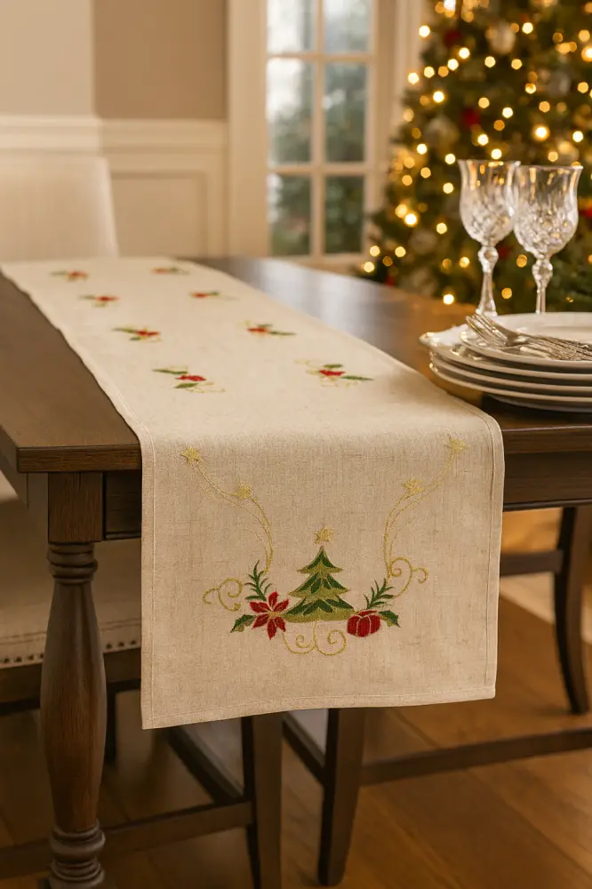 Natural Embroidered Linen Blend Christmas Table Runner