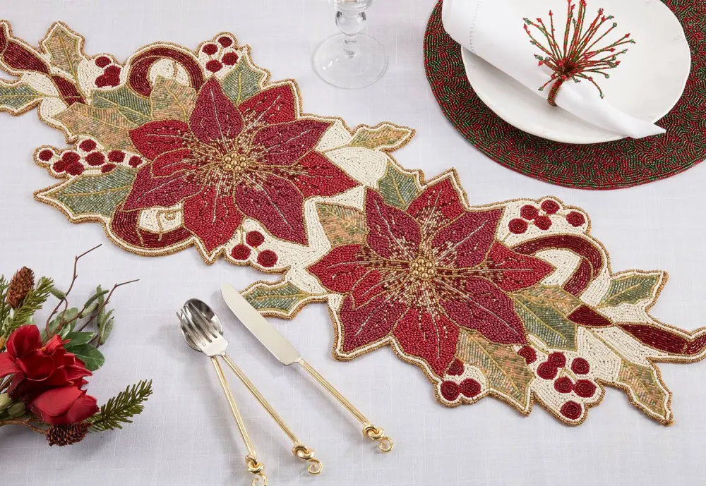 Red Green Beaded Poinsettia Table Runner - 13'x36"