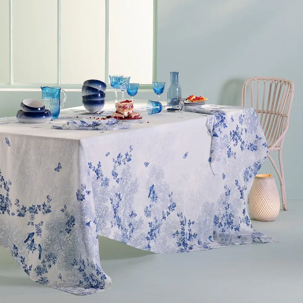 Voliere Blue Tablecloth - Cotton-Linen Blend