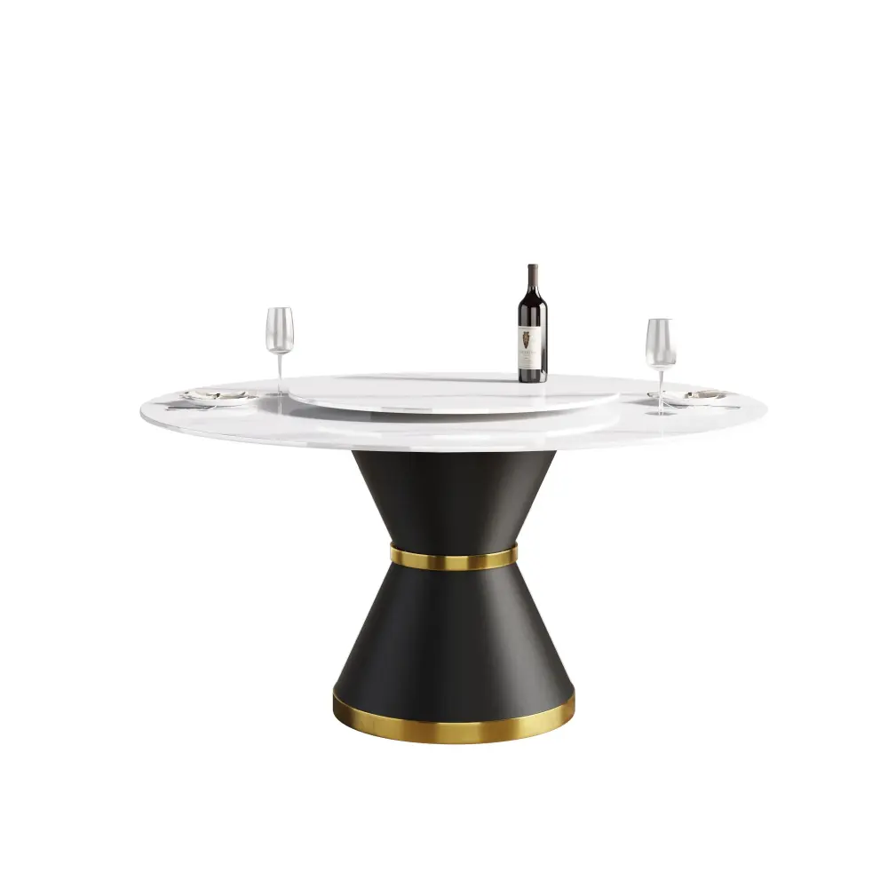 Insulated Double-Wall Modern Artificial Stone Round Carbon Chromed Base Dining Table Stone Turntable
