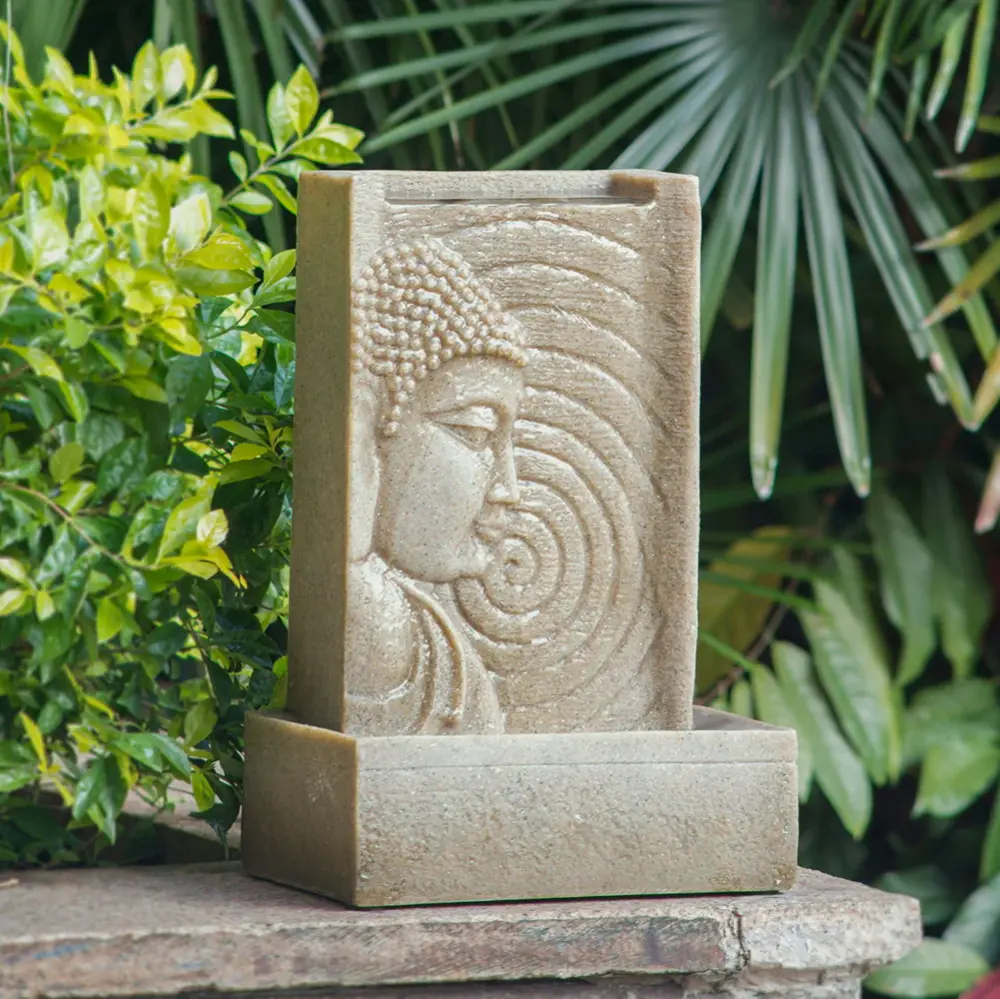Indoor Buddha Water Fountain, Polyresin Tabletop Fountain LED Light - Buff