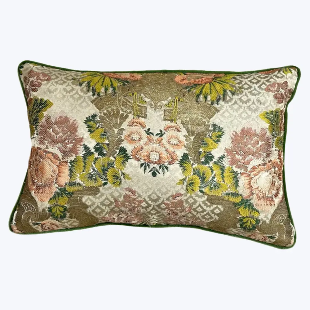 Antique Silk Brocade Pillow, Rosette Tapestry Indigo Dye