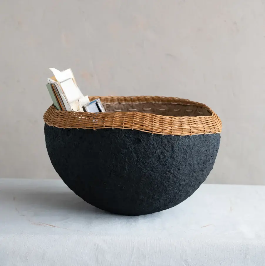 Paper Mache Bowl w/ Wicker Rim