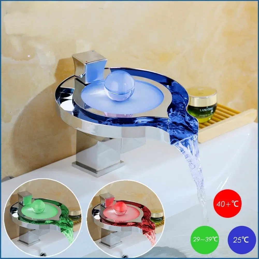Led Bathroom Faucet Warm alloy Chromed Waterfall Bathroom Basin Faucets 3 Color Change Tap Water Power Basin Led Mixer Faucet