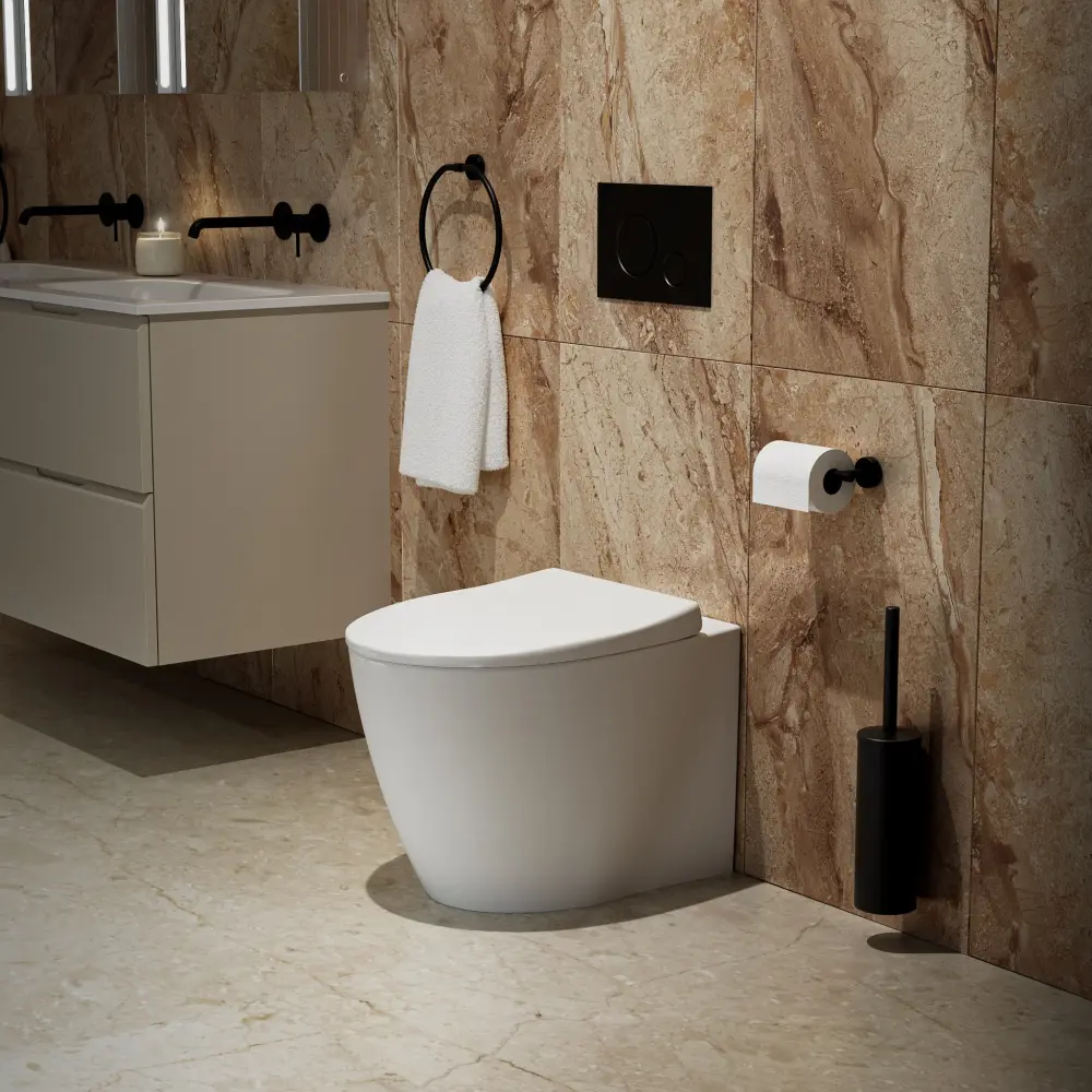 Primo Dolce Back To Wall Rimless Toilet Concealed Cistern Frame & Matt Onyx Flush Plate Non-Slip Base | 5-Year Warranty