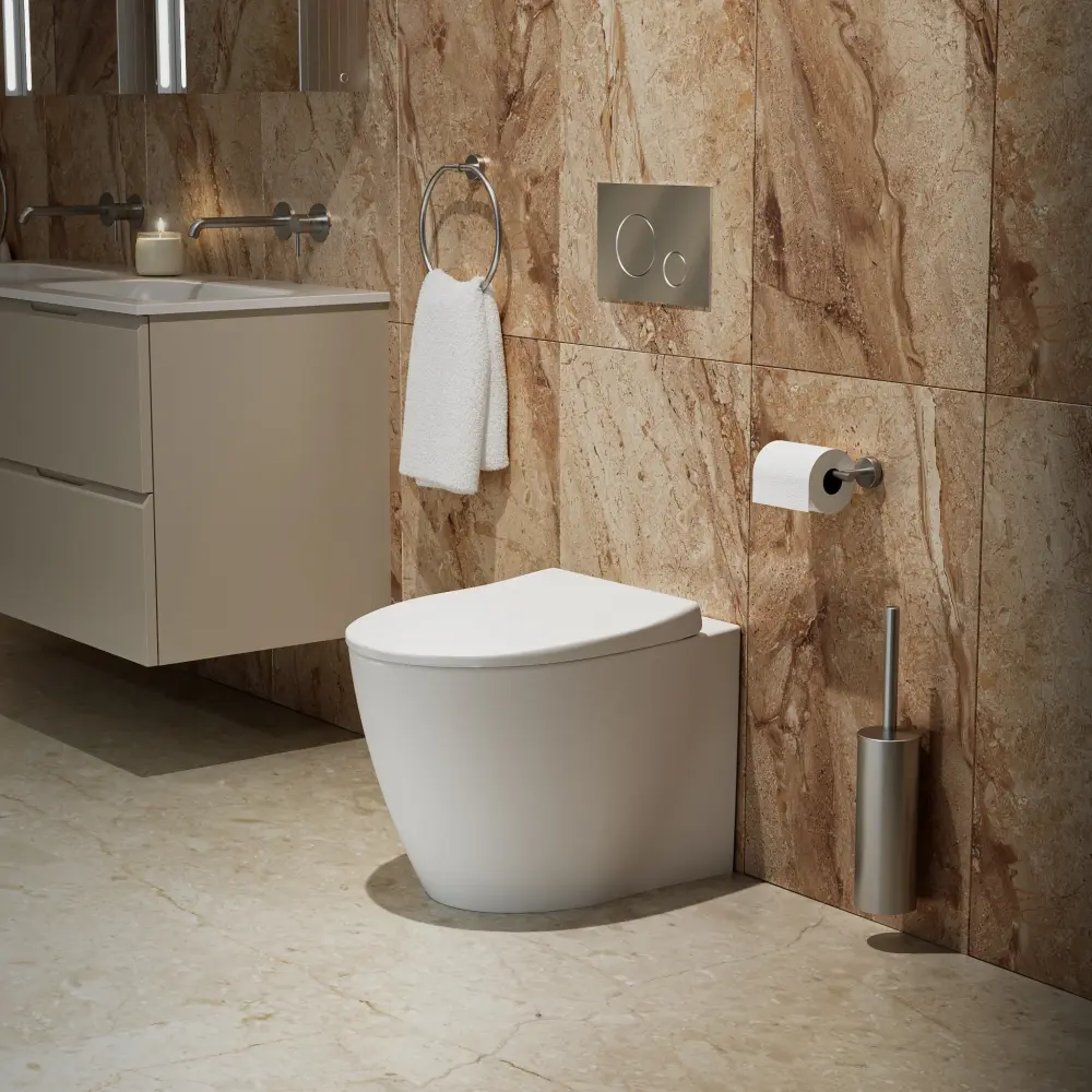 Primo Dolce Back To Wall Rimless Toilet Concealed Cistern Frame & Soft-touch Steel Effect Flush Plate