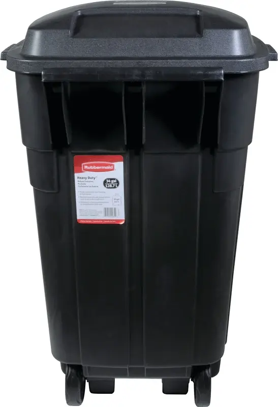Rubbermaid Roughneck FG289804BLA Wheeled Trash Can, 34 gal Capacity, Resin, Ebony, Detached Lid Closure