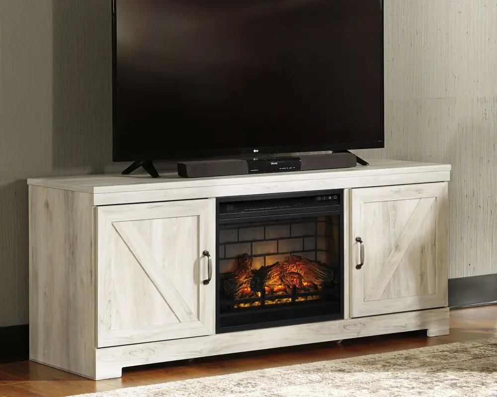 Bellaby - 63" TV Stand Faux Firebrick Fireplace Insert - Whitewash