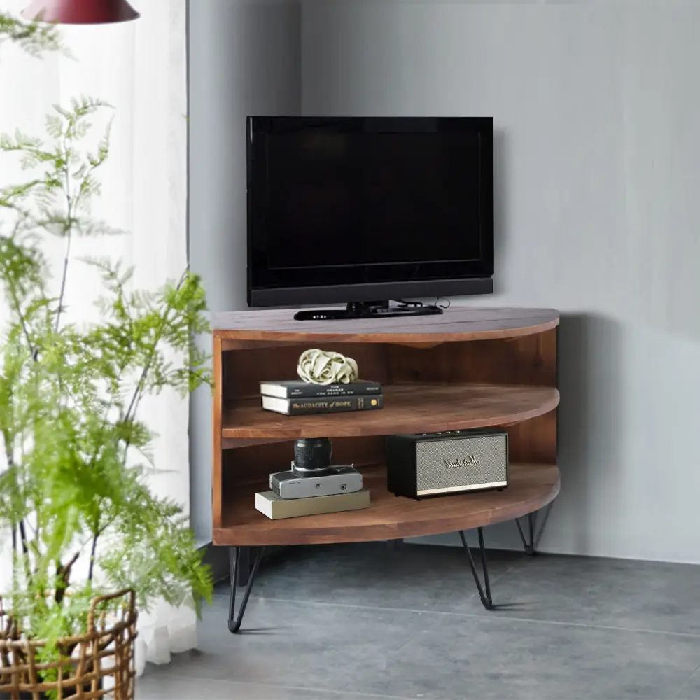 Fan Shape Reclaimed Wood Corner Media Table Living Room Wise Employ Your Space - Natural