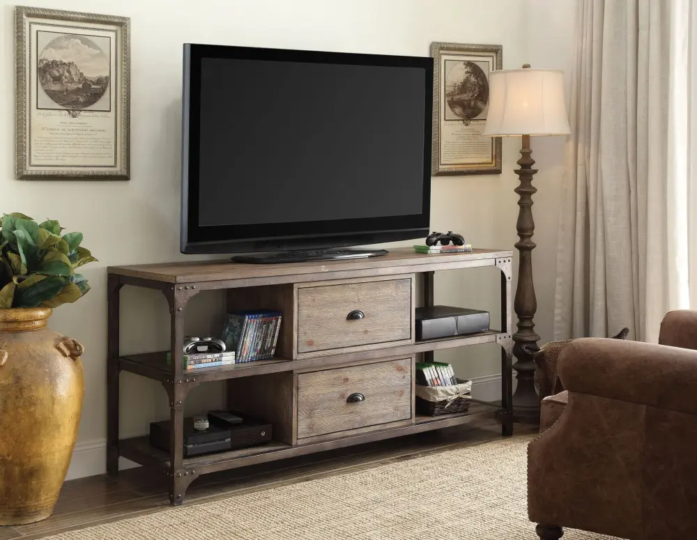 Gorden - TV Stand - Weathered Oak / Antique Chrome
