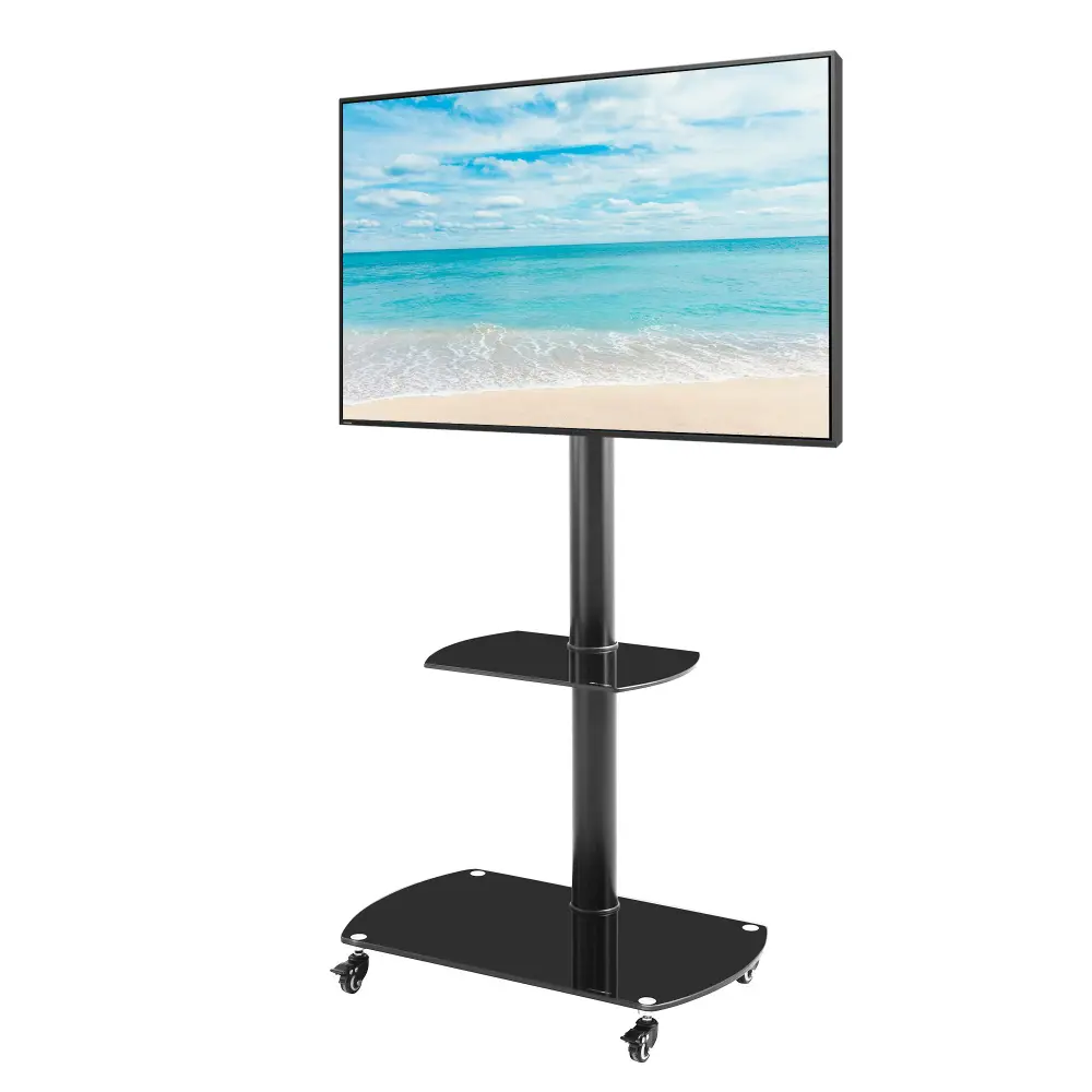 Height And Angle Adjustable Multi-Function Tempered Glass Metal Frame Floor Lockable Wheels Mobile TV Stand, Lcd / Plasma ...