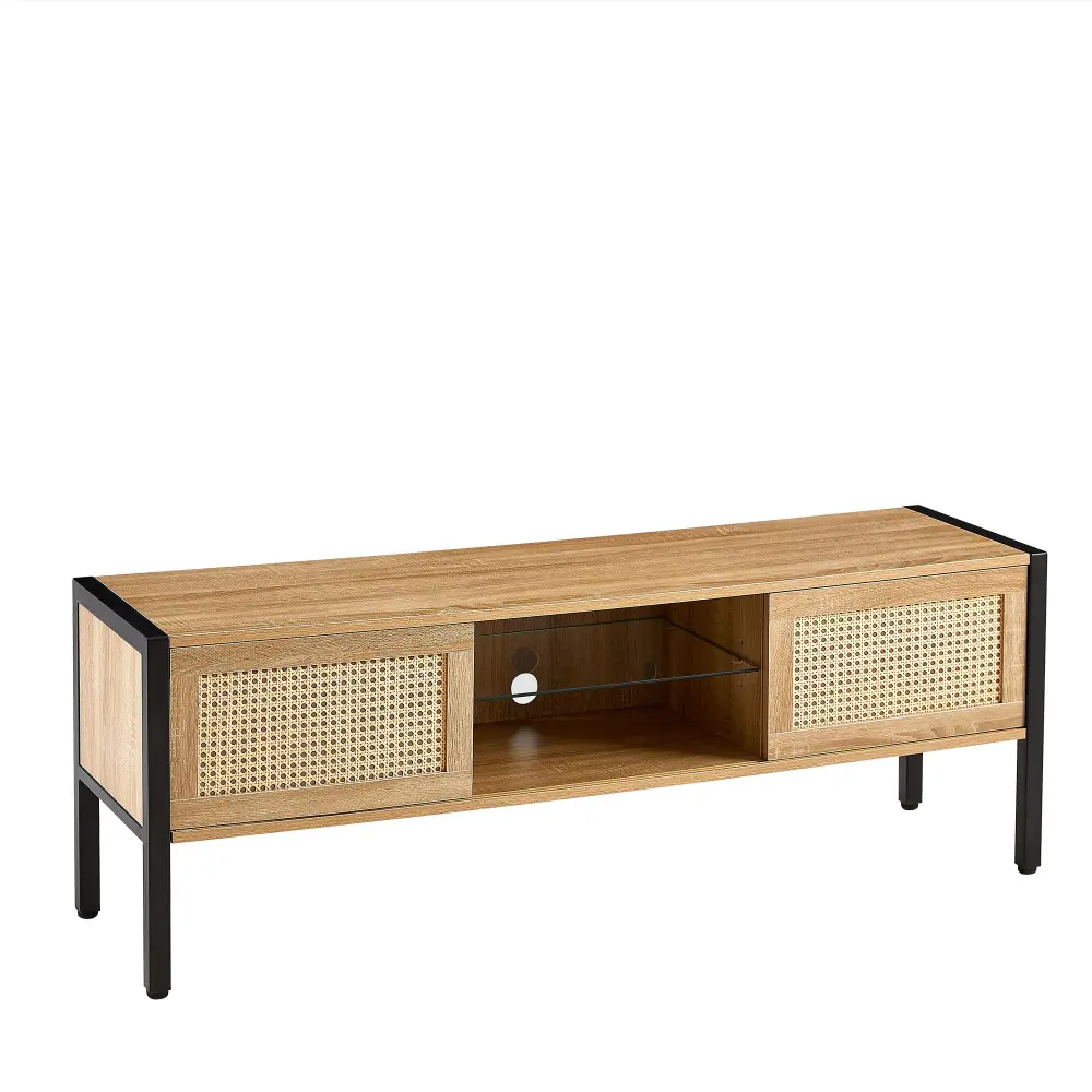 Rattan TV Cabinet Variable Color Portable Strip, Double Sliding Doors Storage, Adjustable Shelf, Metal Legs, TV Console Li...