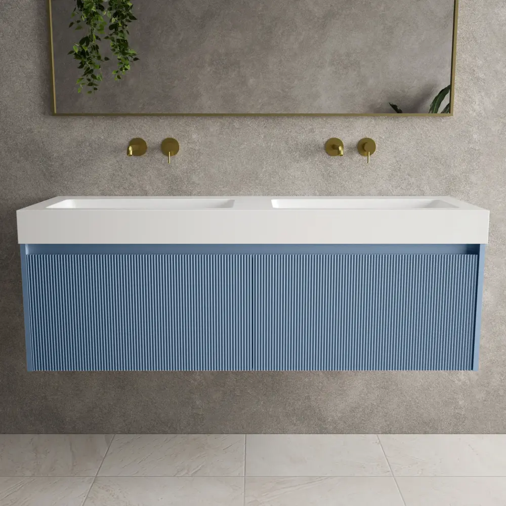 Scanalato Double Drawer Vanity Unit Beyondstone BLOC Twin Basin - Soft Blue 1400mm