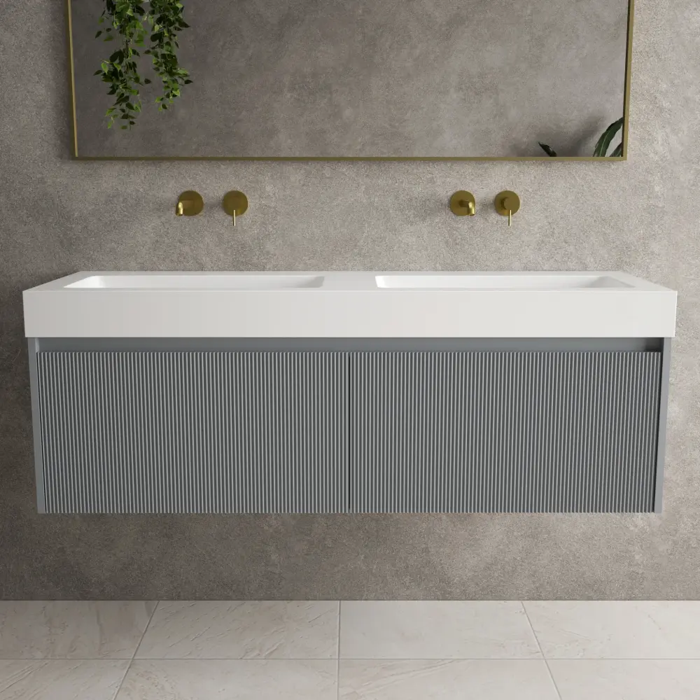 Scanalato Double Drawer Vanity Unit Beyondstone BLOC Duplicate Basin - Dove Grey 1400mm