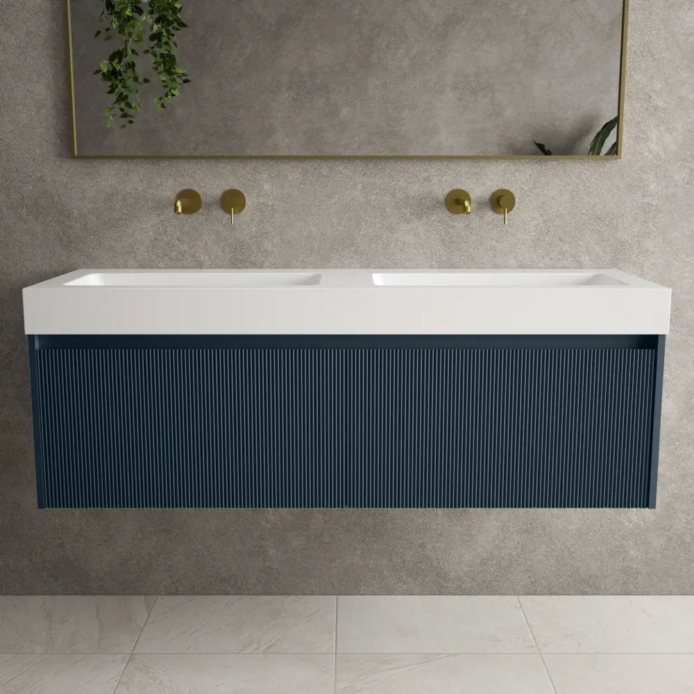 Scanalato Double Drawer Vanity Unit Beyondstone BLOC Twin Basin - Midnight Blue 1400mm