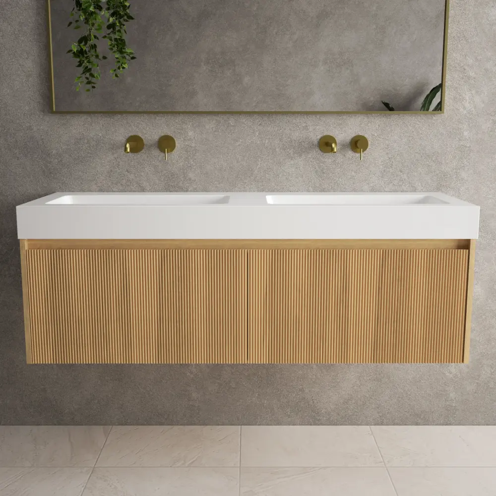 Scanalato Dual Drawer Vanity Unit Beyondstone BLOC Double Basin - Oak 1400mm