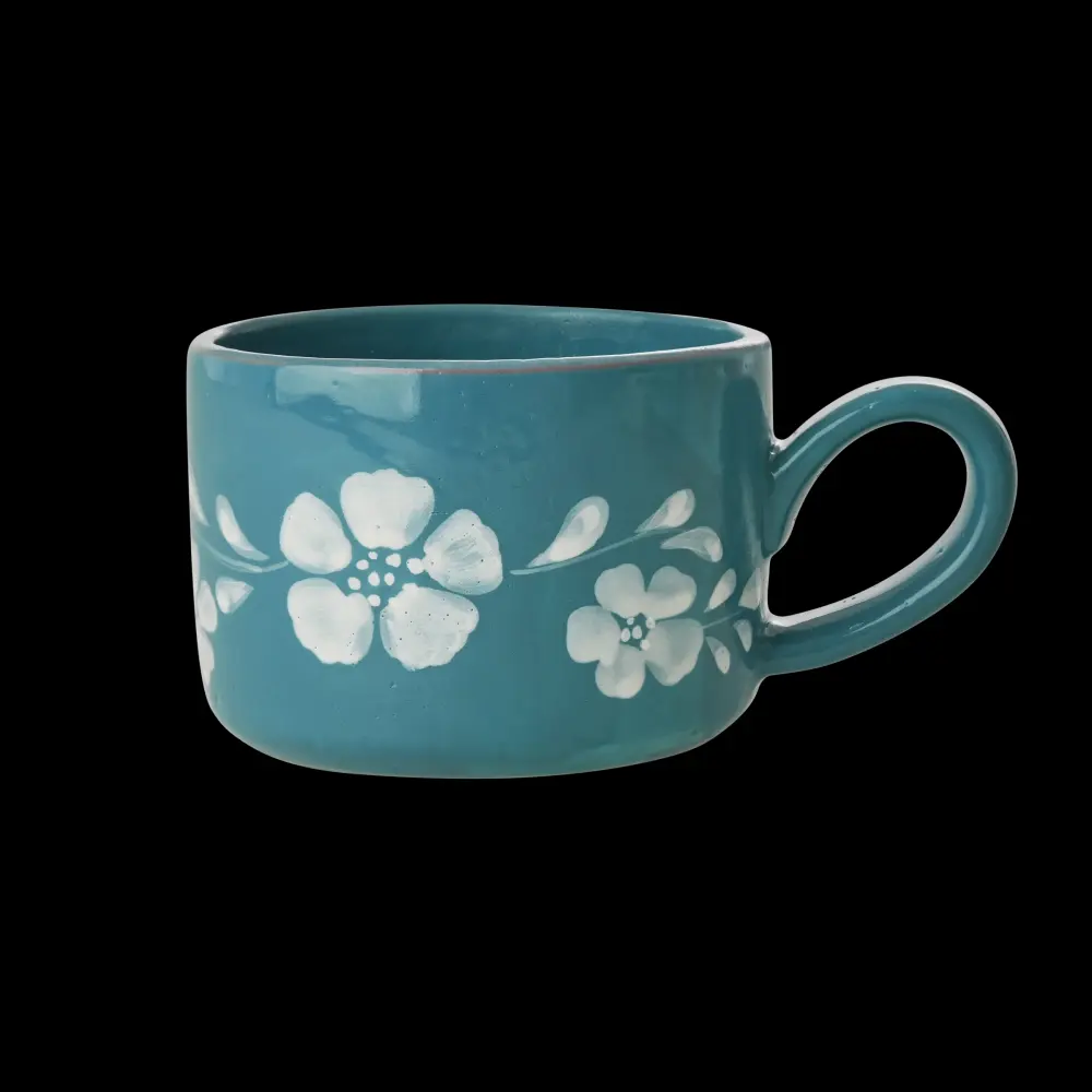 Ceramic Cappuccino Cup Hand Painted White Flowers Vine - 6.7 oz