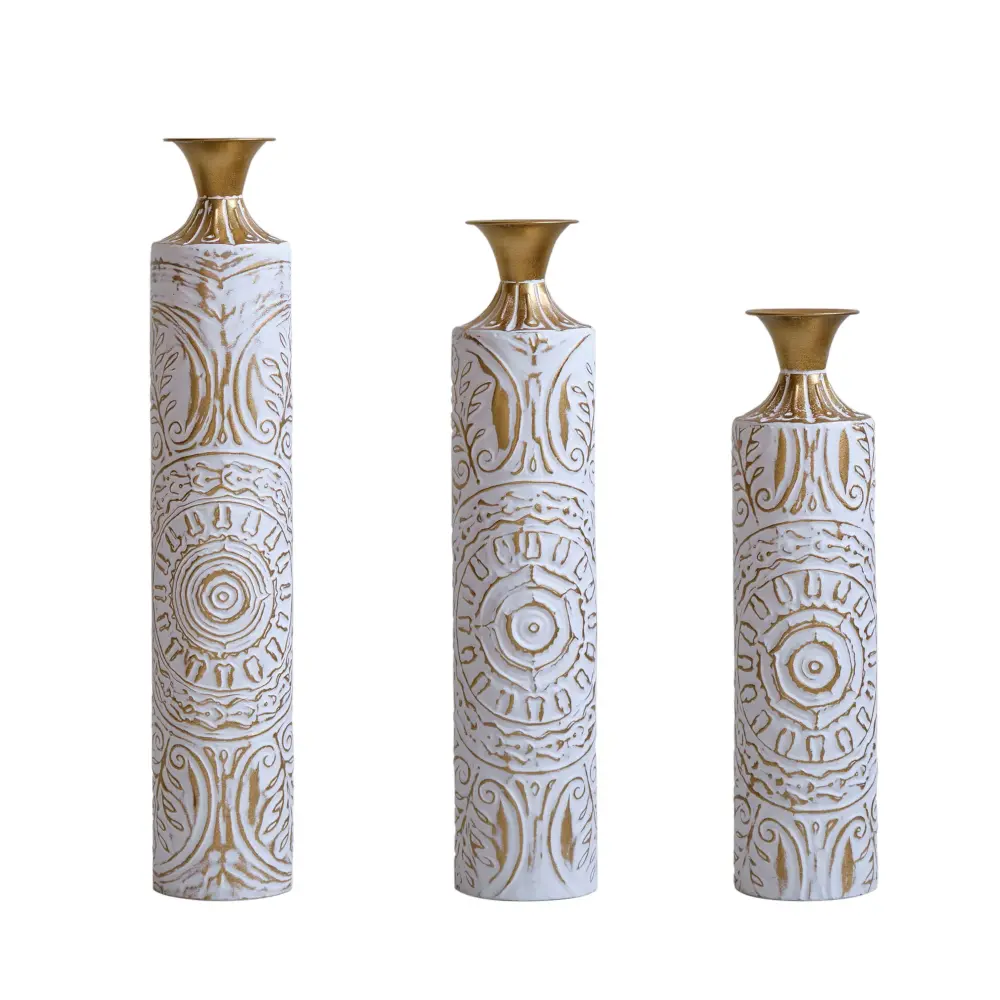 Floor Metal Vases Decorated Metal Vases (Set 3) Gorgeous Home Decoration Large Glazed Alloy Vases - White / Gold