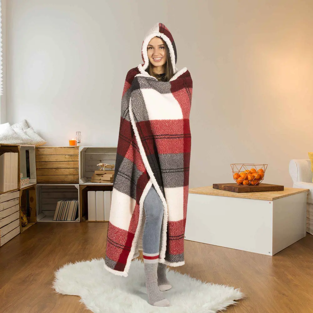 Reversible Sherpa Hooded Throw Blanket, 48" x 65" ruby Winter Plaid)