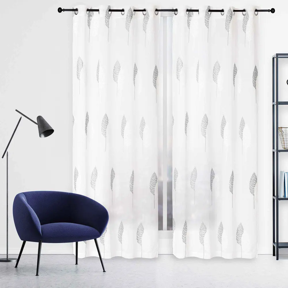 Embroidered Curtain Double Leaf Pattern, Grey and Ivory