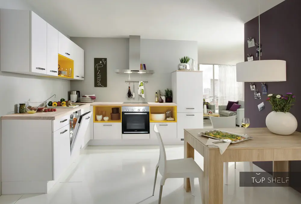nobilia corner kitchen Laser 427 Alpine white Color concept 241 Sun amber 310x250 cm configurable --
