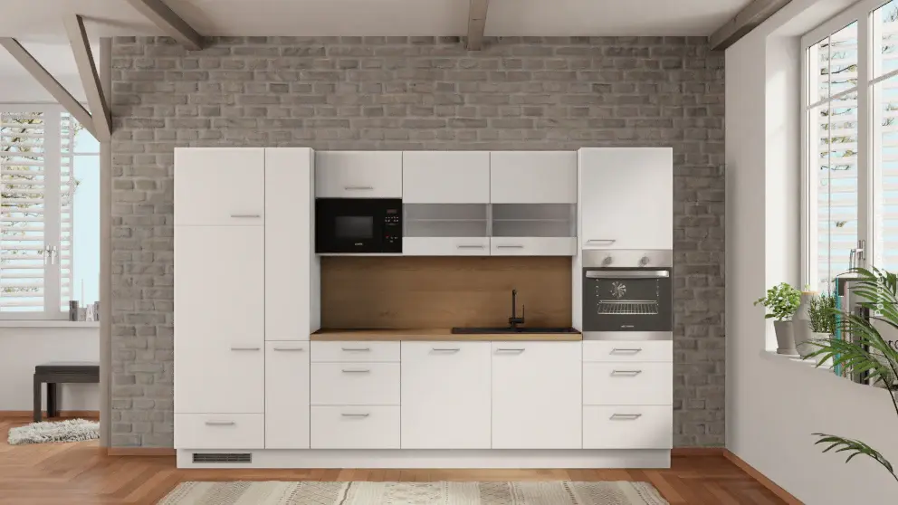 nobilia kitchen Freiburg 330 cm chalk clearance oak Provence refrigerator & dishwasher Sommelier Design