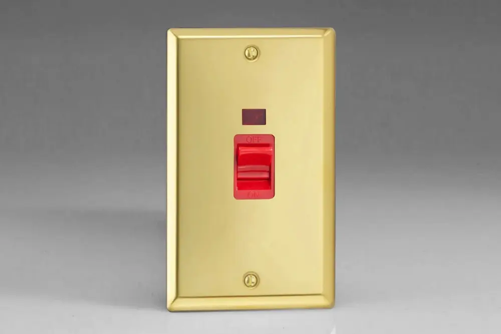 Varilight 45A Cooker Switch + Neon (Vertical Twin Plate, Ruby Rocker) Victorian Brass XV45N