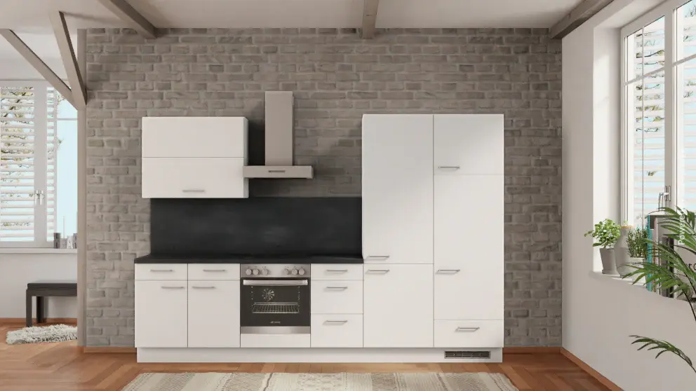High-Speed Blending nobilia kitchen Passau 315 cm alpine white flat concrete slate gray electrical appliances