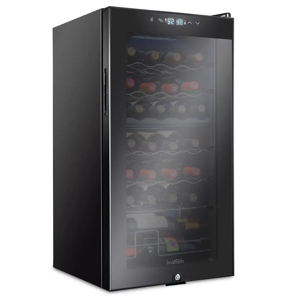 Ivation 28 Bottle Freestanding Wine Refrigerator, Double Zone Wine Fridge Lock, Black