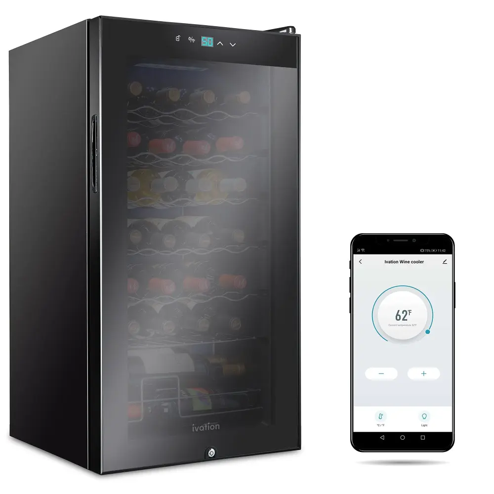 Ivation 28 Bottle Freestanding Wine Refrigerator, Wine Fridge Wi-Fi Connected App Control, Black