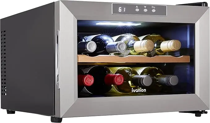 Ivation Premium Stainless Steel 8 Bottle Horizontal Thermoelectric Wine Cooler/Chiller Counter Top Ruby & White Wine Cella...
